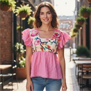 PLENTY BY TRACY REESE EMBROIDERED BABYDOLL BLOUSE